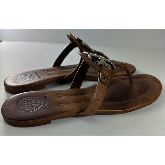 *Damaged Tory Burch Miller Leather Thong Sandals Flat Flip Flops Gold Logo 7.5 M - Picture 12 of 16